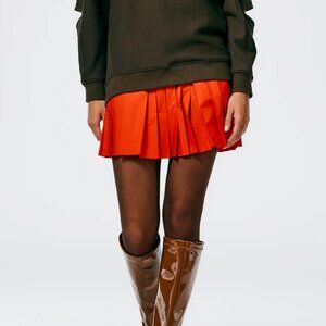 Tibi Italian Sporty Nylon Pleated Pull On Mini Skirt, red, XXS